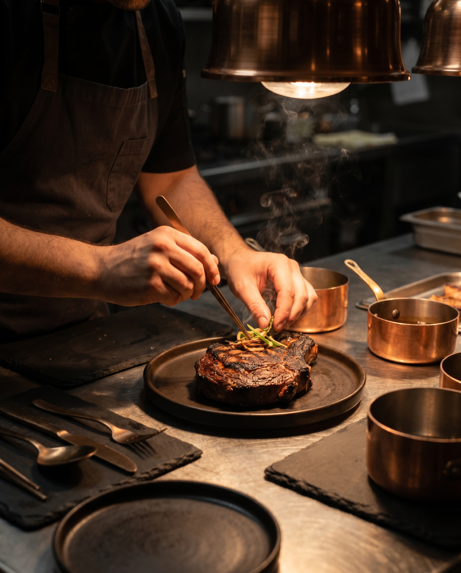 Chef plating a dry-aged steak at The Belvedere
